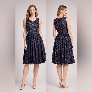 Coco Couture Navy Lace Fit & Flare Open Back Cocktail Gala Dress Size 10